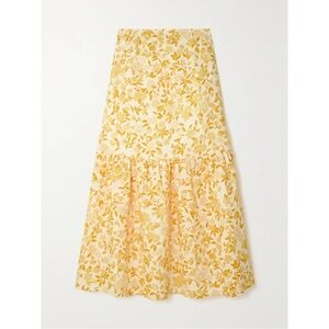 NWOT Peony Swimwear Tiered Floral Print Linen Maxi Skirt in Yellow Cream Flower